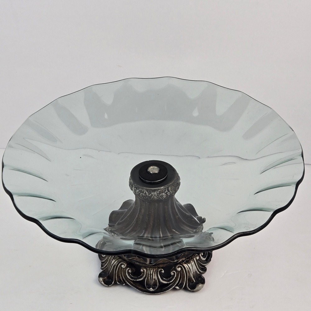 Vintage Style Scalloped Glass Pedestal Bowl Ornate Bronze Silver Base 11.5 Inch